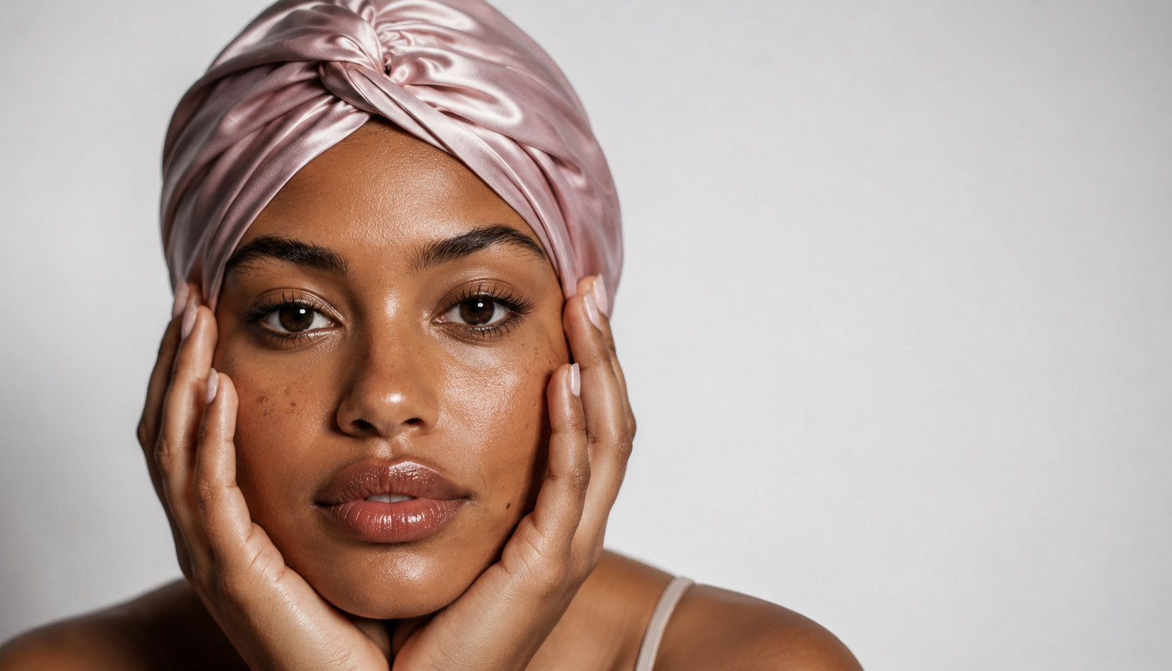 Woman wearing LuxeSilk™ blush silk bonnet with glowing skin