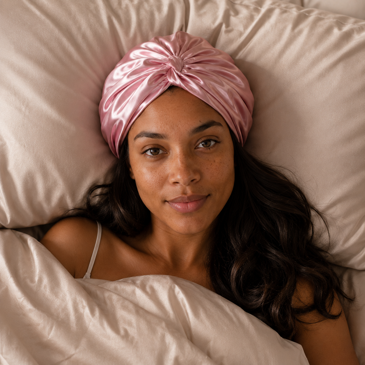 Woman lying in bed wearing a pink silk bonnet