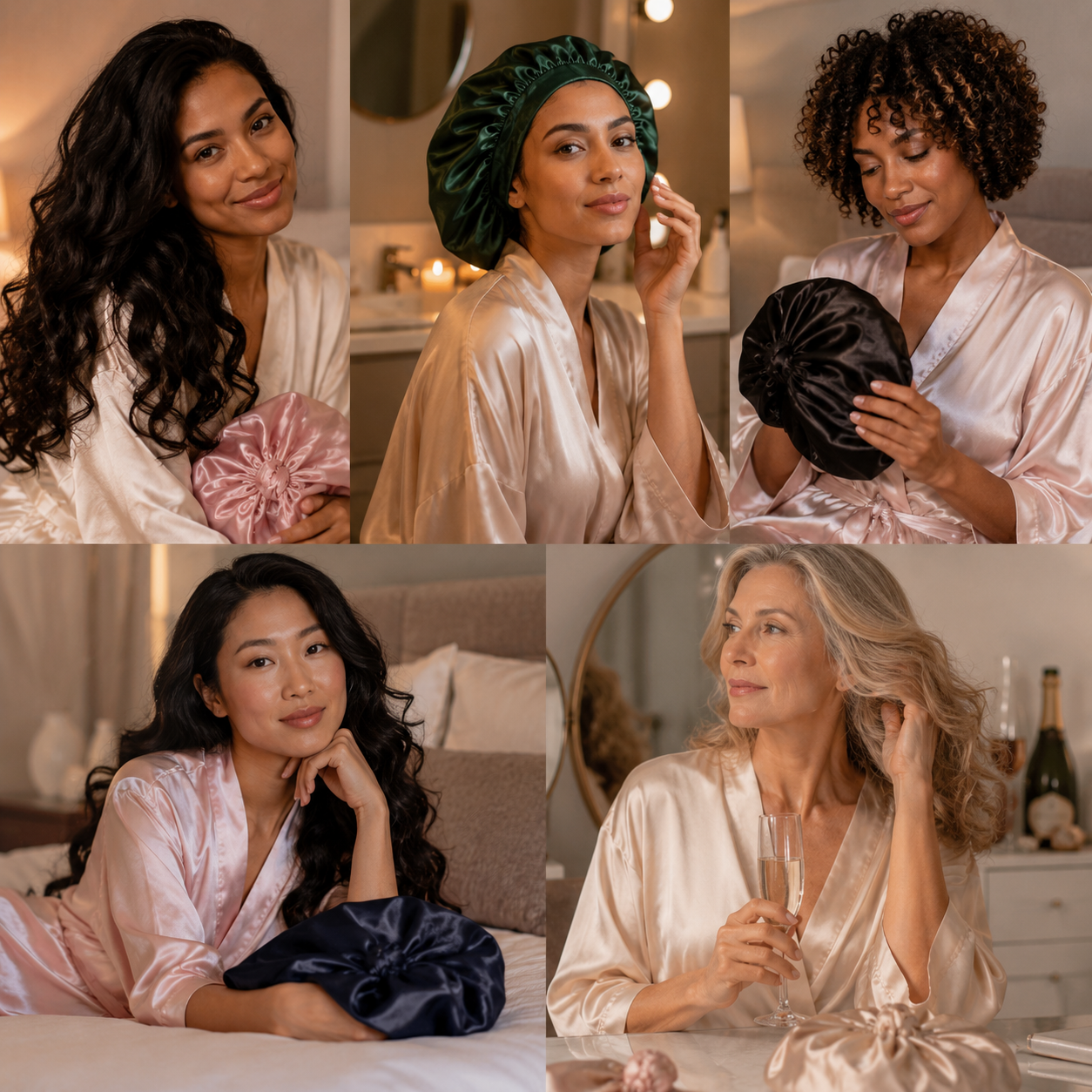 Diverse women showcasing different hair types with LuxeSilk™ bonnets